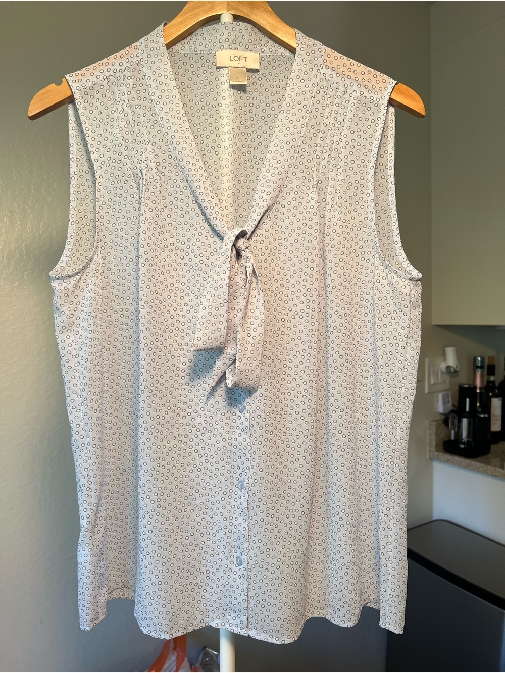 LOFT Light Blue Sleeveless Tie-Neck Blouse with Dot Print